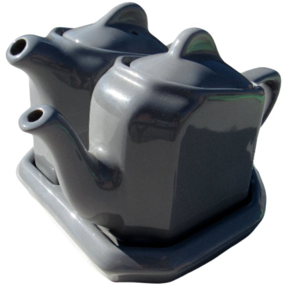 Vintage Hall Tea For Two Gray Teapots wit Lids on Pottery Tray USA